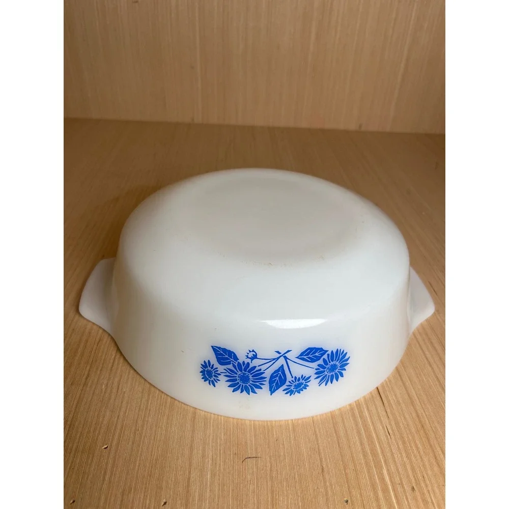 Vintage Anchor Hocking Fire-King Blue Floral Milk Glass Dish 438 Oven Proof MCM